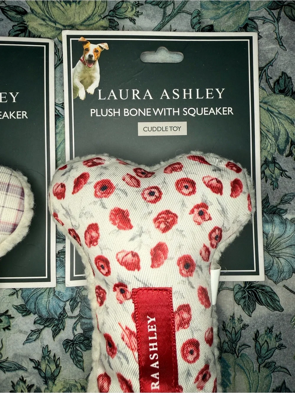 NWT Laura Ashley Plush Bone Squeaker Dog Toy Bundle Set of 2 Floral Plaid